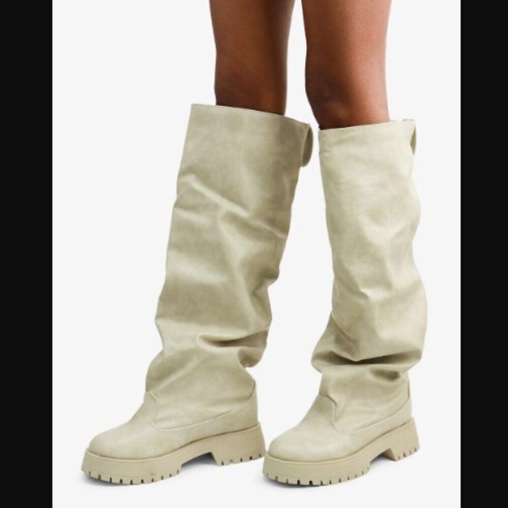 OFF WHITE CREAM DISTRESS OVER THE KNEE CRUNCH BOOT
